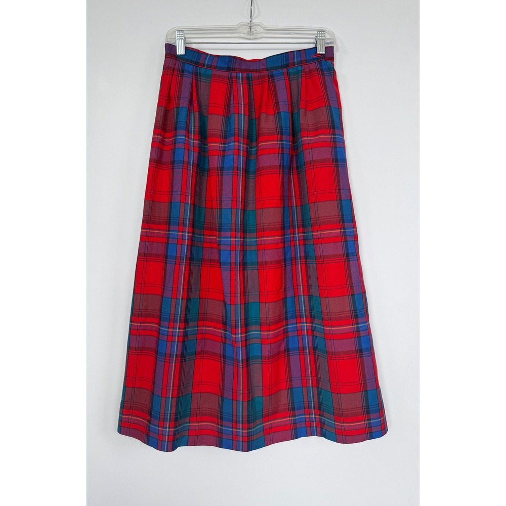 Pendleton Vintage Red Plaid Wool Midi Skirt Size 10 High Waisted A-Line Pockets
